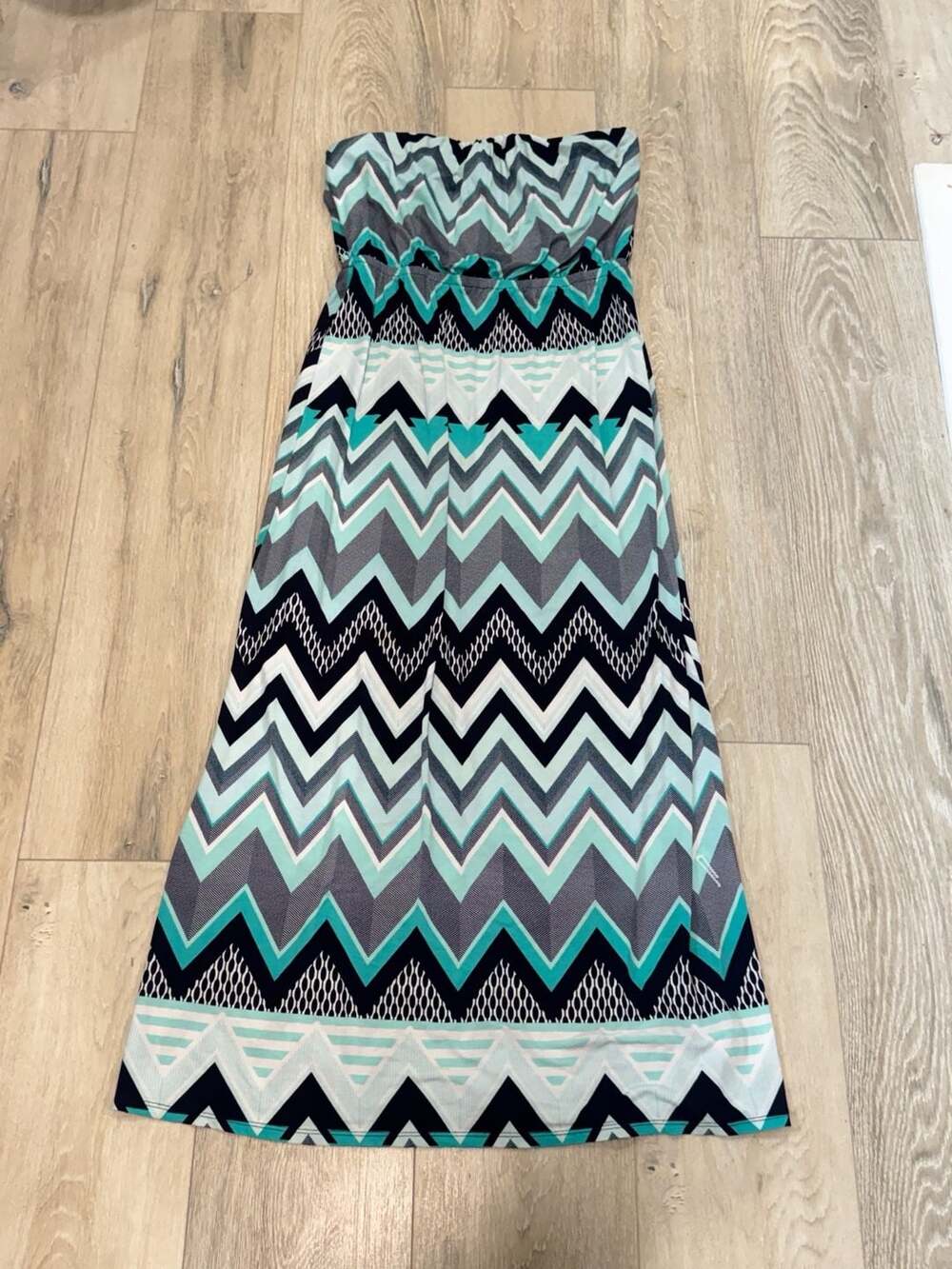 Strapless Chevron Maxi Dress Aqua Black Geometric Y2K Boho Resort Tube Top